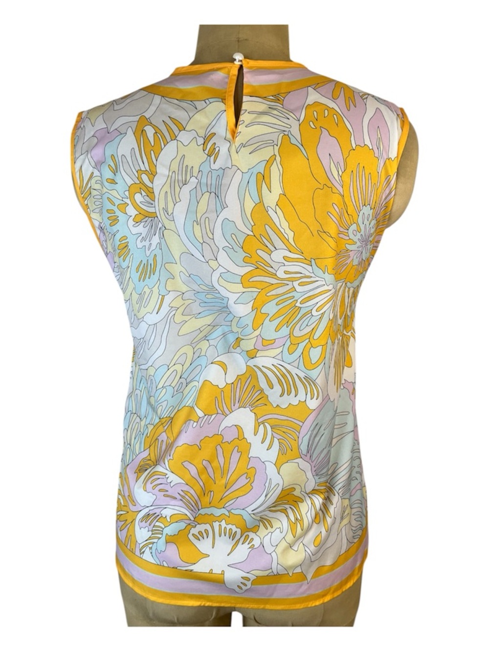 Sleeveless Silk Retro Floral Print Camisole in Yellow and Pastels - Picture 3 of 6